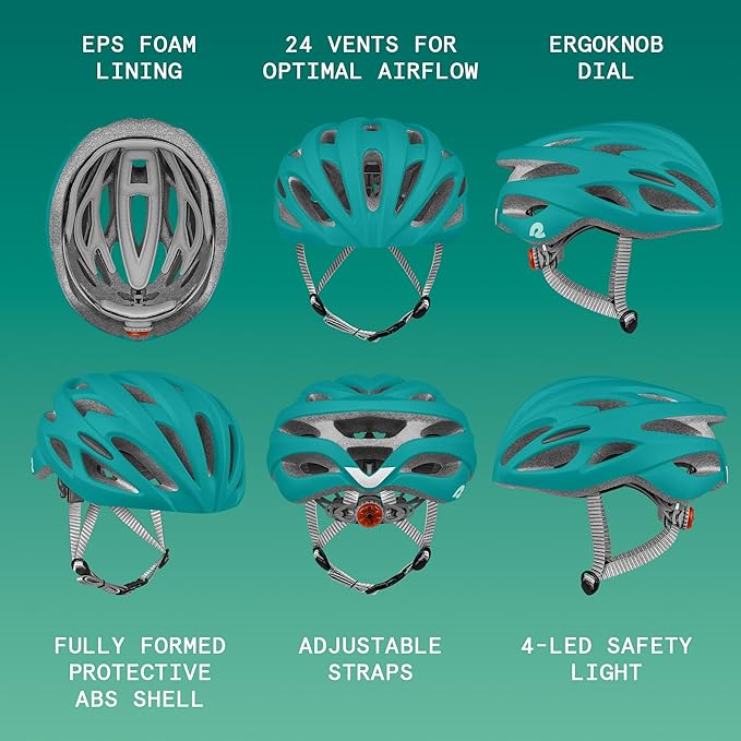 Retrospec Silas Road Bike Helmet with 24 Air Vents & Built-in LED Safety Light - Adjustable Adult Cycling Protection 54-61cm - Padded & Lightweight Design