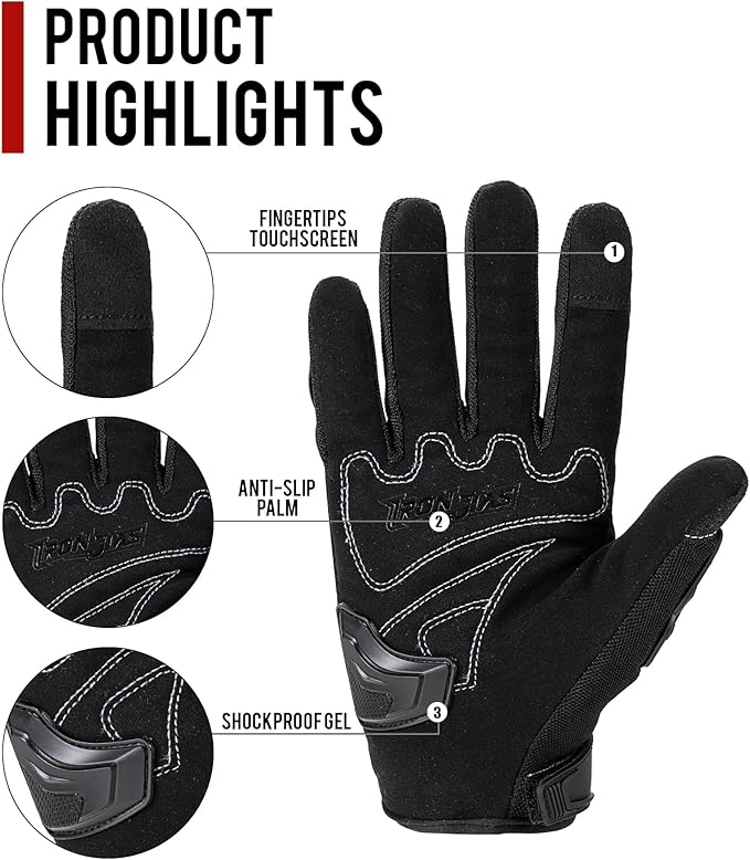 IRON JIA'S Motorcycle Gloves Full Finger Durable for Road Racing Bike Summer Spring Powersports Support Touch Screen Black-XL