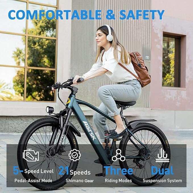 Electric Bike, 23Mph Speed, 13Ah Battery & 750W Motor, 21-Speed & Dual Suspension Ebike, Long Range 40 Miles, 26"/24 Inch Electric Mountain Bicycle for Adults