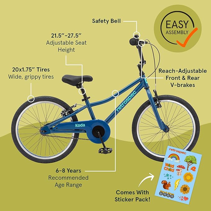 Retrospec Koda Plus Kids Bike for Boys & Girls Ages 6-8 Years - 20" Children's Bicycle, Adjustable Seat & Handlebars