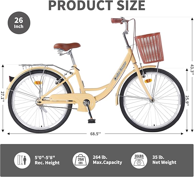 26 inch Hybrid Bikes for Women, Adult Bicycles Lightweight Hi-Ten Steel Frame Road Bike Single Speed with Rear Rack and Basket, Commuter City Bike, Comfort Lady Bicycle, Vintage Adult Bike, Yellow