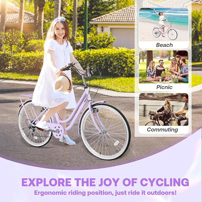 26 Inch Folding Beach Cruiser Bike for Women, 7-Speed Ladies Bike with Basket & Rack, Perfect for City Commuting's Bicycle, Ideal for Women and Adults
