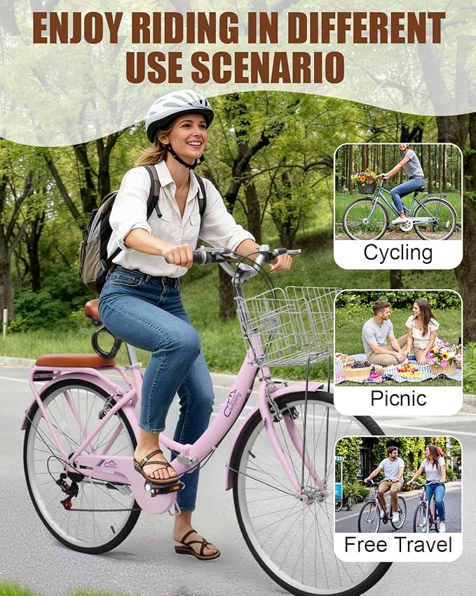 24/26 Inch Foldable Bike Folding Bicycle, 7 Speed Beach Cruiser Bike with Lock, Comfort Back Seat, Foldable Basket & Ergonomic Upright Frame, Cruiser Bicycle for Adults