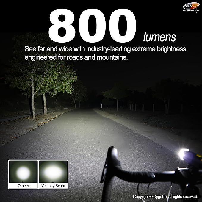 Cygolite Velocity 1600, 1200, 1000, 800 Lumen USB-C Bike Lights – Anodized Aluminum Alloy – 9 Light Modes – Fine Tunable Brightness - Compact, IP67 Waterproof – Hard Mount – Road & Mountain