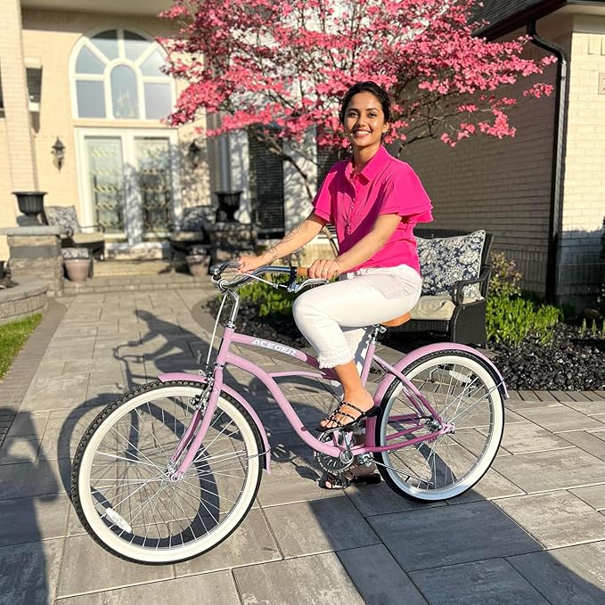 ACEGER 24 26 Inch Women Beach Cruiser Bike, Single Speed and 7 Speed, Adult Hybrid Bike Commuter Bicycle, Hi-Ten Steel Frame with Adjustable Handlebar and Saddle, Multiple Colors