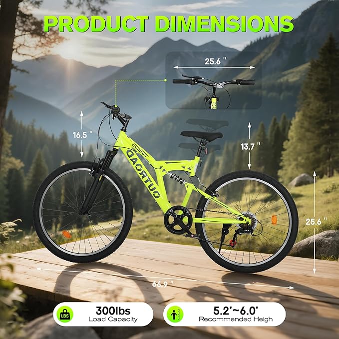 Mountain Bike for Adult Men Women, 26 Inch 7 Speed Mountian Bicycle with Dual Full Suspension, Dual V Brake MTB Bicycle, Multiple Colors