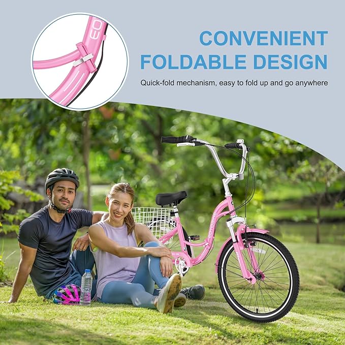 NAIZEA Folding Adult Tricycle - 7 Speed 20/24/26 Inch Folding Tricycle for Adult, 3 Wheel Bike, Foldable Trike with Large Basket/Low-Step Through for Men Women Senior