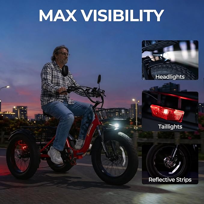 Skeri Electric Tricycle for Adults, 750W(Peak 1350W) Motor Etrike, 20"x4" Folding Fat Tire Electric Trike, 48V13Ah Battery, 3-Wheel Electric Bike, 20MPH, Front & Rear Basket & Differential