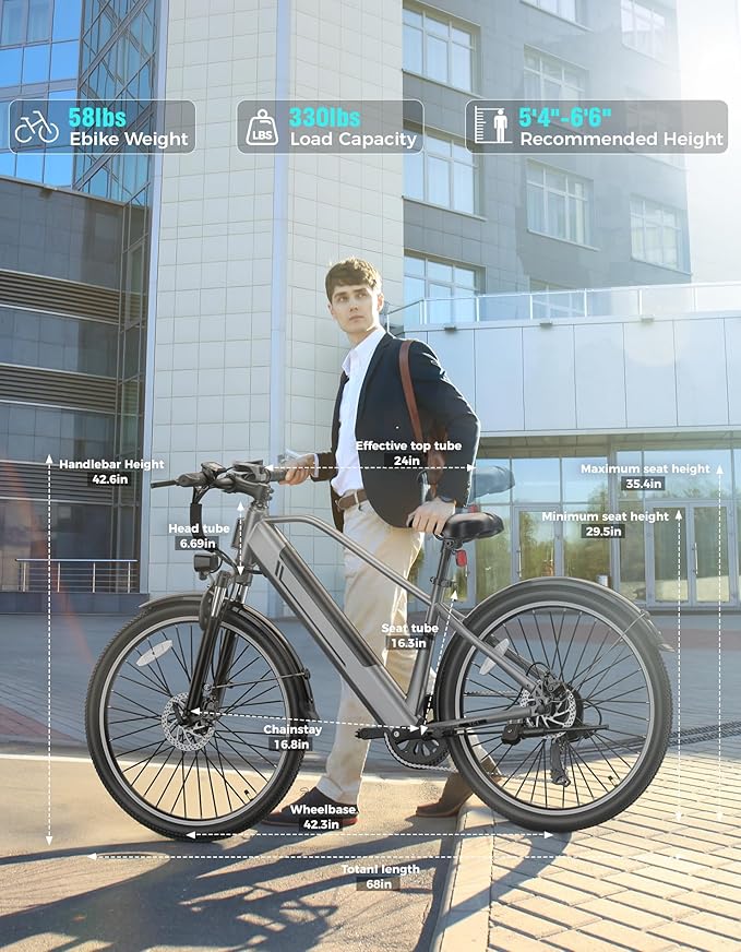 Jasion 26" Electric Bike for Adults, Internal Removable Battery Ebike with 3 Modes & 7-Speed, UL2849 Certified, 1200W Peak Motor, Max 28Mph & 50Miles, Shock Absorber, Electric City Commuter Bicycle