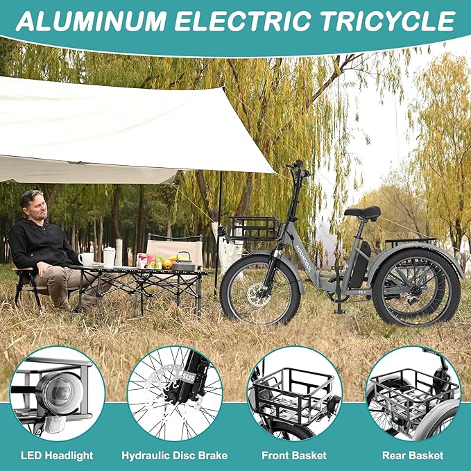 MOPHOTO Electric Tricycle for Adults, 20in 3 Wheels Folding Electric Bicycle Bikes, 48V 500W Electric Trike Ebike with Aluminum Frame, Removable Battery