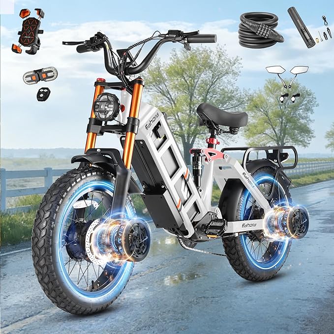 eAhora Juliet Pro 2/Juliet Electric Bike for Adults 5400W/1200W Dual Motor Electric Bicycle 43MPH 60V 70Ah 220+Miles Long Range 20" Fat Tire Full Suspension Mountain E-Bike with APP Control