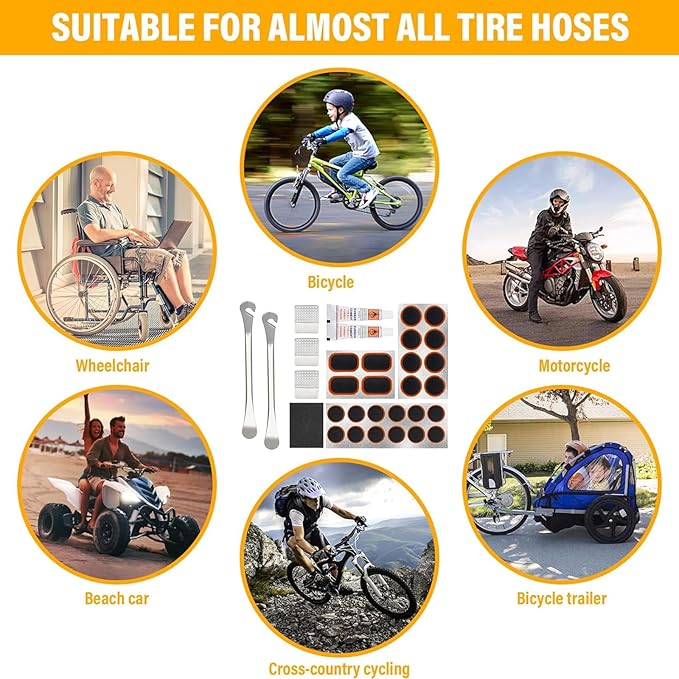 Bike Inner Tire Patch Repair Kit, with 24 PCS Vulcanizing Patches, Metal Rasp and 2 Premium Stainless Steel Levers - Also for Road Mountain Bicycle Trave (White Adhesive Upgraded Version)