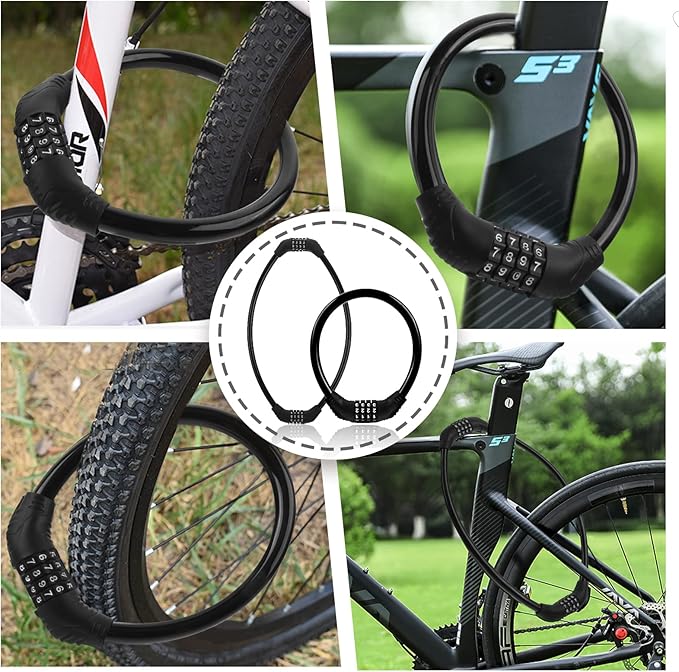 Bike Lock Cable, Bike Locks Heavy Duty Anti Theft, 2 Pcs Security 4 Digit Resettable Combination Bike Cable Lock, Portable Code Lock Cable for Bicycle, Black