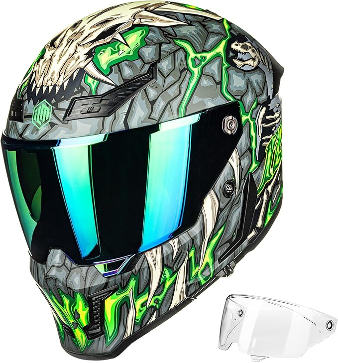 ILM Motorcycle Helmets for Adult Men Women Full Face DOT ECE Powersports Dual Visor Street Racing Helmet with Pinlock Cascos para Motos Model MF509 (Day1 Green, XL)
