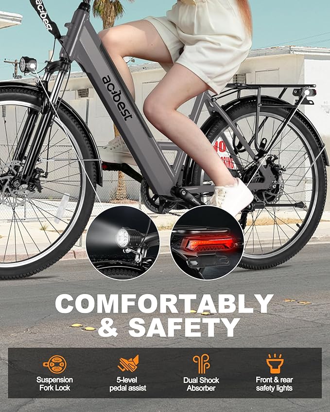 ACTBEST Electric Bike for Adults, Cores 26" Electric Commuter Bike Up to 28MPH 70 Miles, with Peak 1200W Motor, 48V 576Wh Removable Battery, 7-Speed City Cruiser Mountain E Bike for Commuting