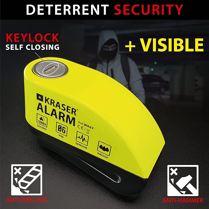KRASER WA6Y Alarm Disc Lock, Reinforced Disc Brake Lock with 3 keys (others 2), Heavy Duty Anti-Theft Motorcycle Lock with Alarm,110dB, Weather-Resistant, Reminder Cable, Pouch, Motorbike Moped E-Bike