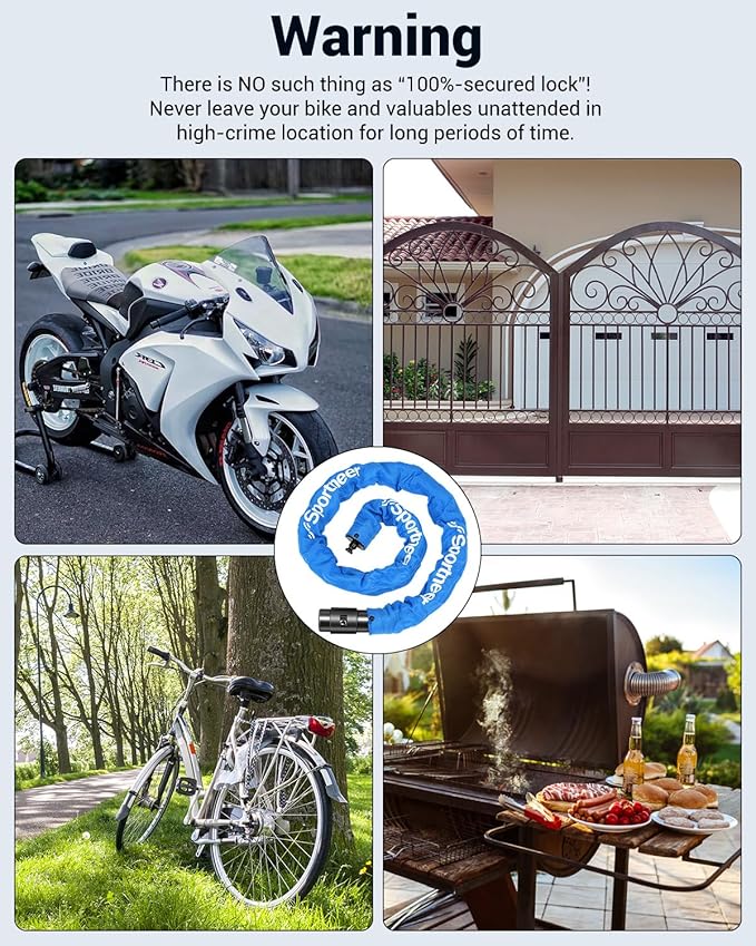 Sportneer Bike Lock - 8mm Thick High Security Anti Theft Bike Chain Lock with 2 Keys- 3.2ft Long Heavy Duty Anti-Cut Bicycle Lock for Bike, Motorcycle, Bicycle, Door, Gate, Fence, Grill - Blue
