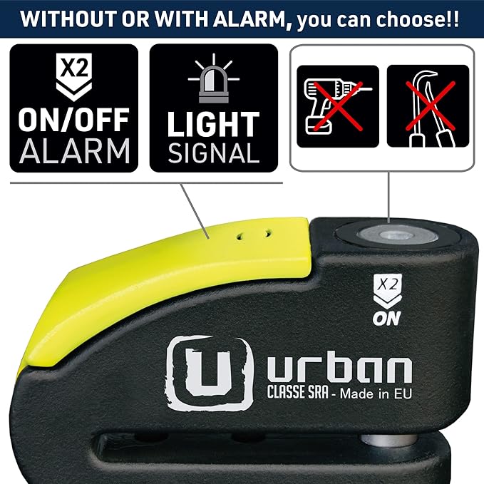 URBAN 999 Approved Motorcycle Disc Lock with Smart Alarm | 120dB, LED, Warning, A+ Sensitivity, X2 ON | SRA & Sold Secure Gold Tested Anti-Theft for Motorbike | 14mm Double Locking, Hardened Steel