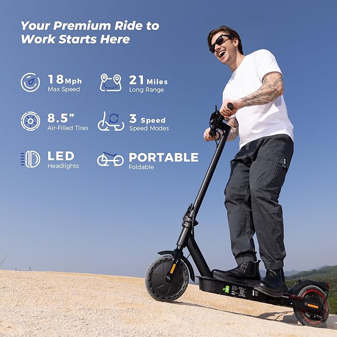 Electric Scooters - Electric Scooter for Adults, 500W Peak Motor, 18 Max MPH, 21 Miles Range, APP Control, Lightweight Foldable E-Scooter