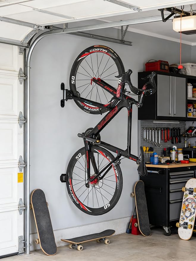 cyclists Bike Rack Garage - Wall Mount Bikes Storage - Vertical Bike Rack Bike Hanger for Road, Hybrid, MTB or BMX Bikes