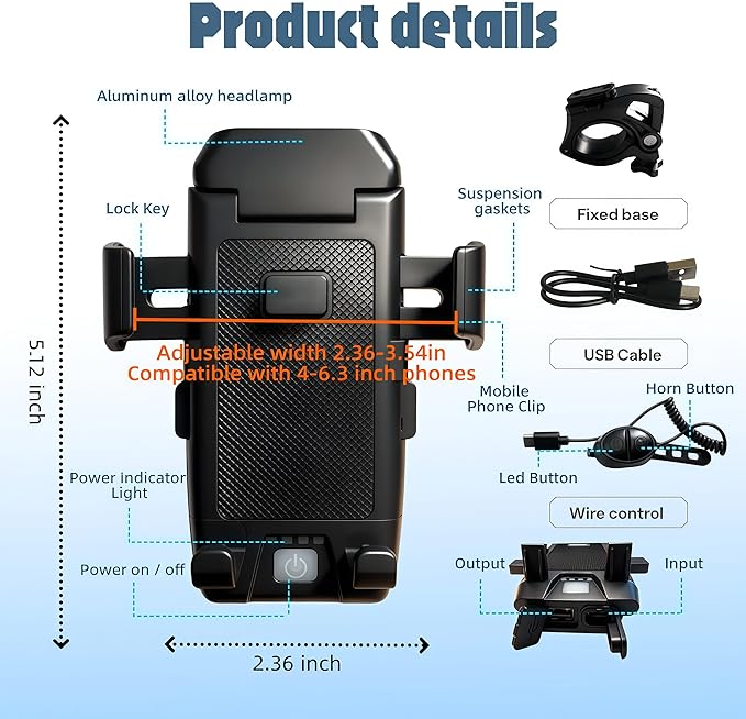 4 in 1 Bike Phone Mount with Light, Bicycle Phone Holder with 500 Lumen LED Headlight,3000mAh USB Charger&130dB Horn,Easy Install for Handlebar,E-Bike,Road & Mountain Bicycle(Black)