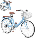 24/26 Inch Foldable Beach Cruiser Bike for Womens, 7 Speed Womens Bike with Basket and Coffee Cup, Commuting Bicycles for Women, Lightweight Complete Cruiser Bikes Bicycle for Ladies Adults