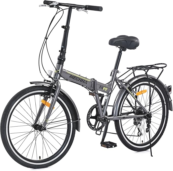 24 inch Folding Bike 7 Speed V Brake City Commuter Bicycle with Mudguard for Men Women Daily Commuting Gray/Black/White