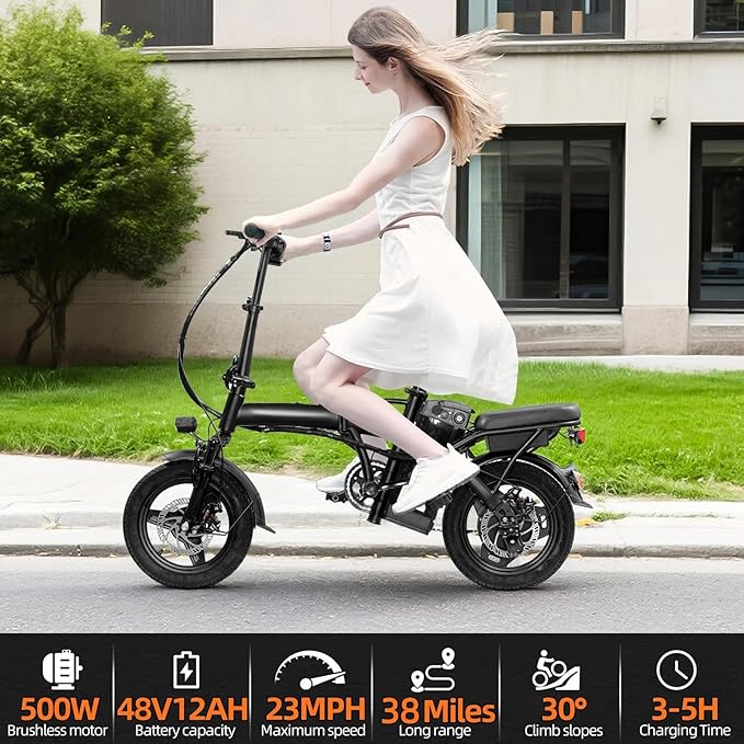 Foldable Electric Bike for Adults，23MPH & 38Miles Long Range Electric Bicycles，500W Motor 48V/12Ah Battery，14" Folding Mini ebikes for Teens，3-Speed & PAS Mode， Commuter City Certified E-Bike