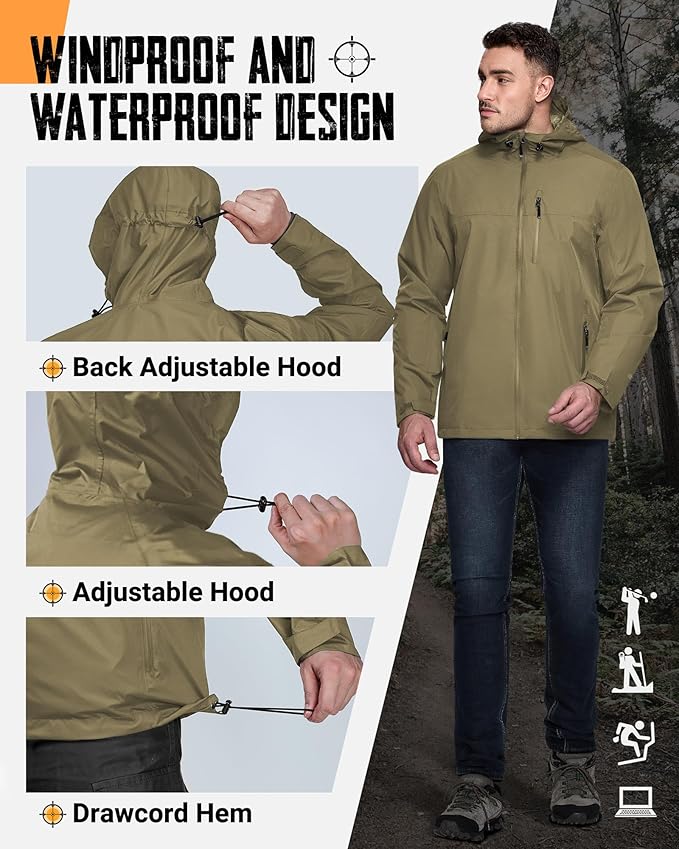 33,000ft Men's Packable Rain Jacket Lightweight Rain Shell Jacket with Hood Waterproof Raincoat for Cycling