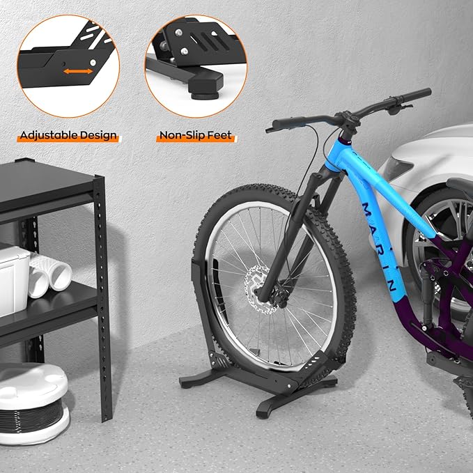 Bike Stand Floor, Portable Bike Storage for Garage - Fit for 24"-29" Bikes, Tire Width up to 3.5", Road & Mountain Bicycle Stand, Front and Rear Wheel Parking Rack - Black