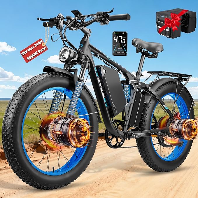 9000W Peak Electric Bike,58V Max-Output Dual Motor Ebike for Adults, 47MPH 1856Wh Fast E Bike,Up to 105Miles 24" x4.0 Fat Tire Full Suspension Mountain E Bicycle for Sand Beach Commuter