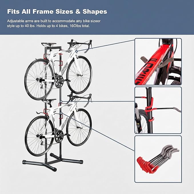teraysun 4 Bike Horizontal Storage Rack, Heavy Duty No-Drill Indoor Garage Bike Organizer, 154 lbs Capacity for Mountain, Road & Hybrid Bikes