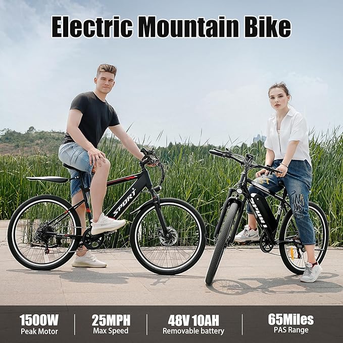 Electric Bike for Adults, 1500W Peak Motor, Up to 25 MPH, 65 Miles PAS Range, 48V 10Ah Removable Battery, Advanced Front Suspension, 7 Speeds, Compact Electric Mountain Bicycle, 26" Commuting Ebike