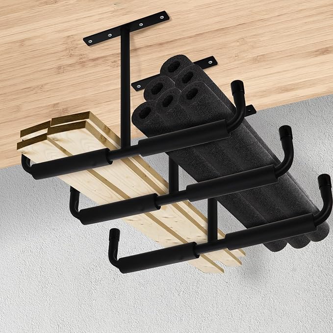 4 Pack Overhead Garage Storage Hooks, 16.5" Heavy Duty Ceiling Mount Hangers, Double T-Bar Metal Ladder Ceiling Racks, Hanging for Bike, Pipe Lumber, Fishing Rod, Sports Equipment