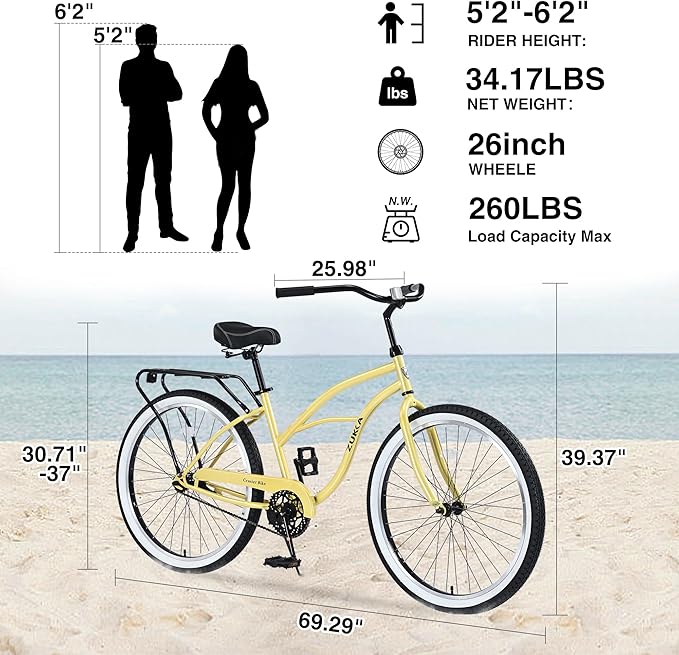 Multiple Colors Adult Beach Cruiser Bike, Single Speed Bicycles 26" Inch, Fixed Gear Bike, Wide Wheels for Stability, Rear Coaster Brakes, Multiple Speed Options