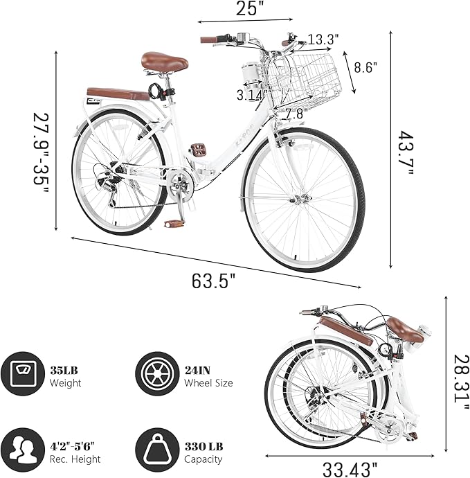 24/26 Inch Beach Cruiser Bike for Women Folding Bikes, 7-Speed Womens Bike with Basket and Coffee Cup, Womens Foldable Bicycle Commuter Bikes for Adults, Adjustable Seat & Dual V-Type Brakes