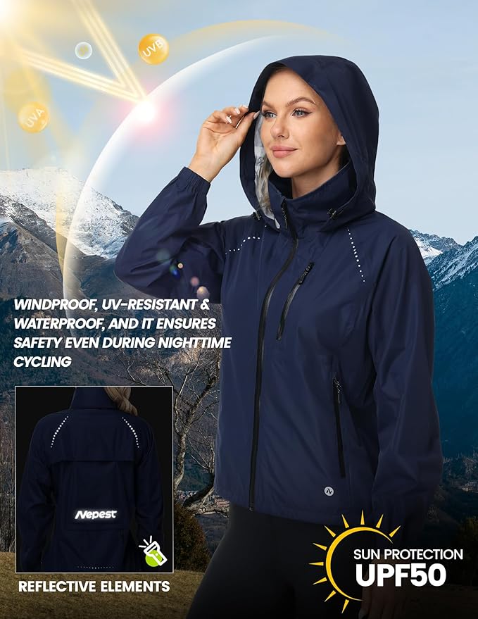 Nepest Womens Cycling Rain Jackets Lightweight Waterproof Biking Running Windbreaker UPF 50+ Reflective Packable Hooded