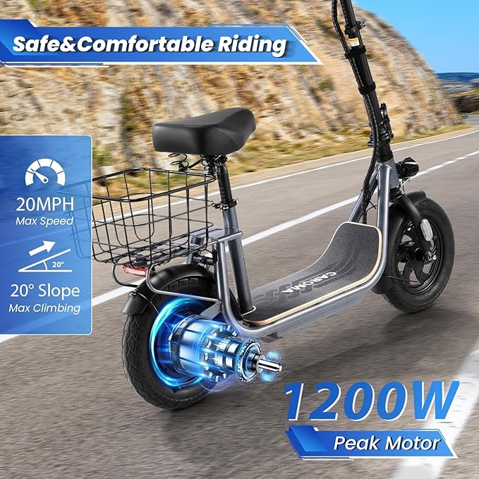 Caroma Peak 1200W/800W Electric Scooter with Seat, 30 Miles Max Range, Electric Scooter Adults, Up to 20MPH Foldable Escooter with Basket,Key Start Adjustable E-Scooter