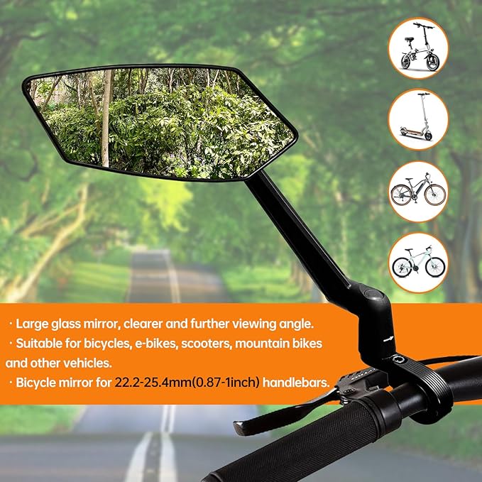 2PCS Bike Mirror, New Foldable Bicycle Mirror for Handlebar Mount, Adjustable 360°Rotatable Bicycle Rear View Mirrors for E-bike, Mountain Bike, City Bikes &Scooter (Left&Right 0.87-1")