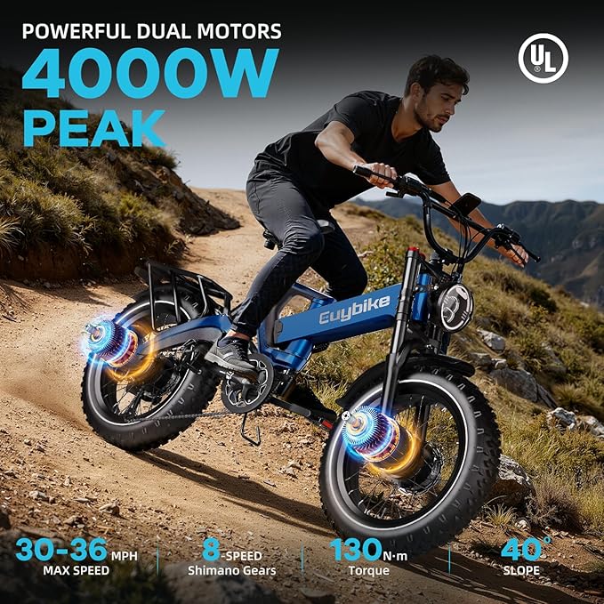 3000W/2000W Peak Dual Motor/Single Motor Foldable Electric Bike for Adults, 52V 30Ah Removable Battery, 35 MPH & 120 Miles, 20"x4.0" Fat Tire Mountain Bicycle, Magnesium Alloy Frame Dirt Ebike