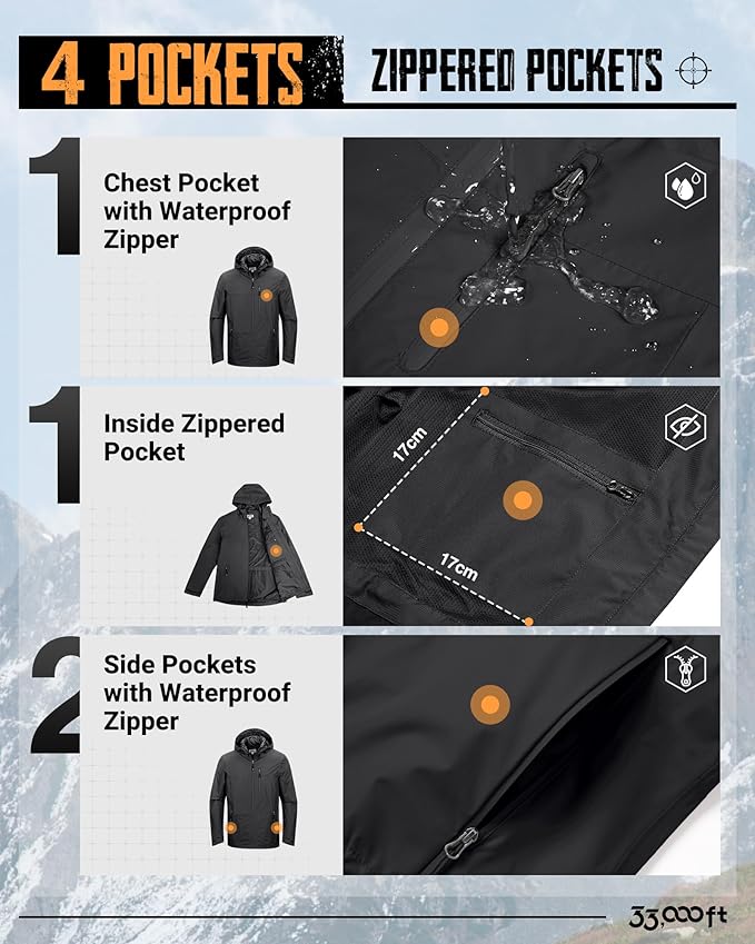 33,000ft Men's Packable Rain Jacket Lightweight Rain Shell Jacket with Hood Waterproof Raincoat for Cycling