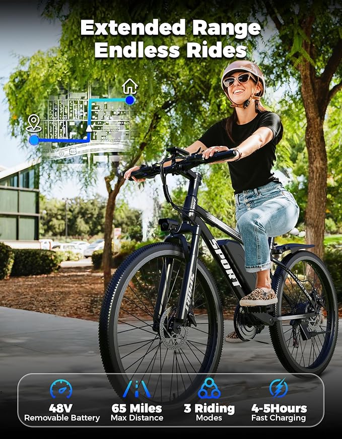 Electric Bike for Adults, 1500W Peak Mountain Ebike with 28 MPH, 65 Miles Range, 7 Speeds, 48V 10Ah Removable Battery 26" Ebike for Commute