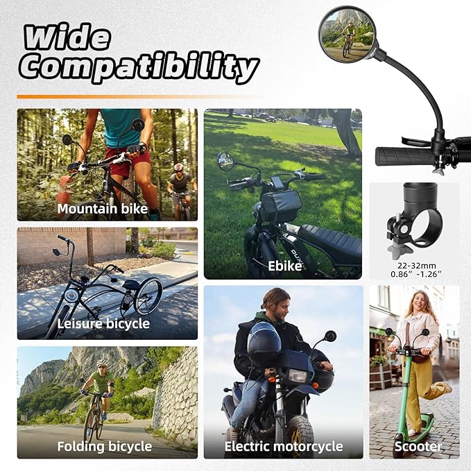 West Biking Bike Mirror Handlebar Mount, Adjustable Rotatable Bicycle Rear View Mirror, Wide Angle Acrylic Convex Safety Mirrors for Mountain Road Bike (Black- 2 PCS Converx Mirror)