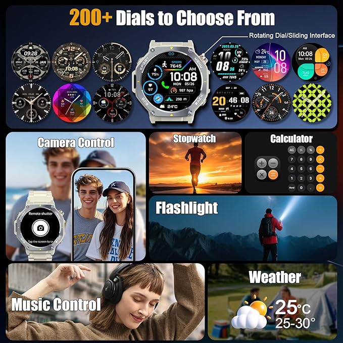 Military Smart Watch for Men Built-in GPS with LED Flashlight Compass, 1.43" AMOLED Display 5ATM Waterproof Fitness Tracker with Heart Rate/Sleep/Blood Oxygen, Watches for Android/iPhone, Khaki