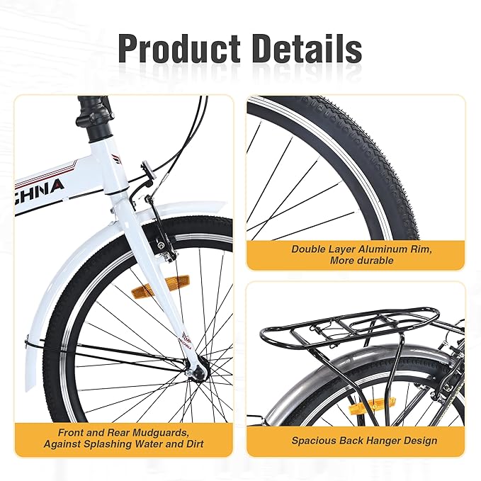 24" Folding City Bikes Steel Frame 7 Speed Folding Bikes,Lightweight Folding Bikes，Folding Commuter Bike for Adults/Men/Student，Bike with Rear Rack，Adjustable Stem，3 Colors