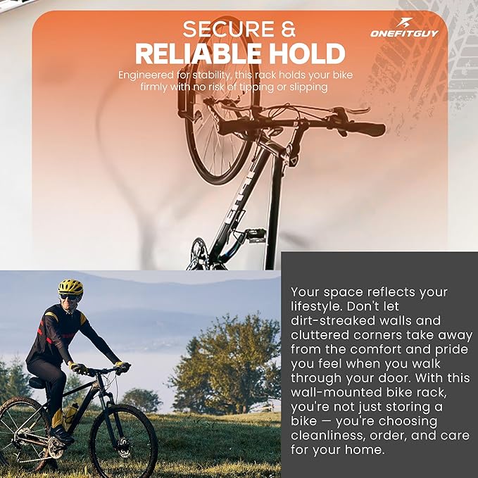 Foldable Bike Rack 1-Pack, Space Saving Vertical Bike Wall Mount with Adjustable 150° Rotating Hanger, Easy Garage, Indoor, or Shed Installation