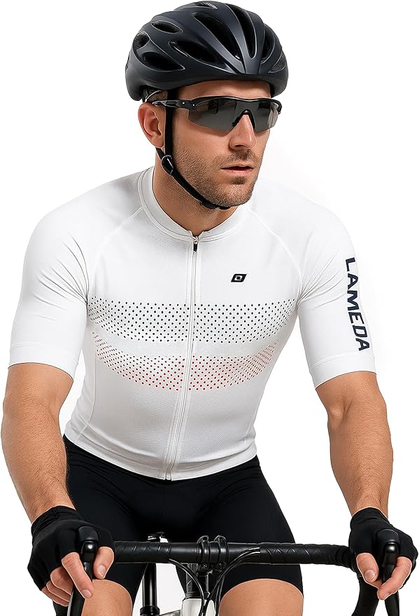 LAMEDA Men's Cycling Jersey Breathable Lightweight Short Sleeve Elastic Pro Road Bike Shirt Full Zip