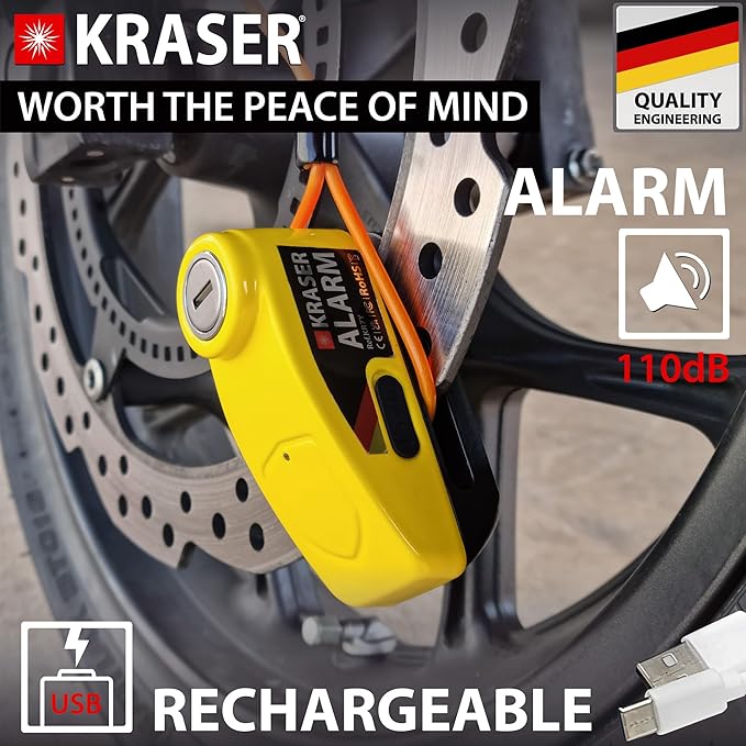 KRASER KR7Y Alarm Disc Lock USB Rechargeable Battery, 110dB Motion Sensor, Waterproof +Visible, 7mm Pin, Carry Pouch, Universal Anti Theft Wheel Brake Lock for Motorcycle Scooter Bicycle Electric Bike