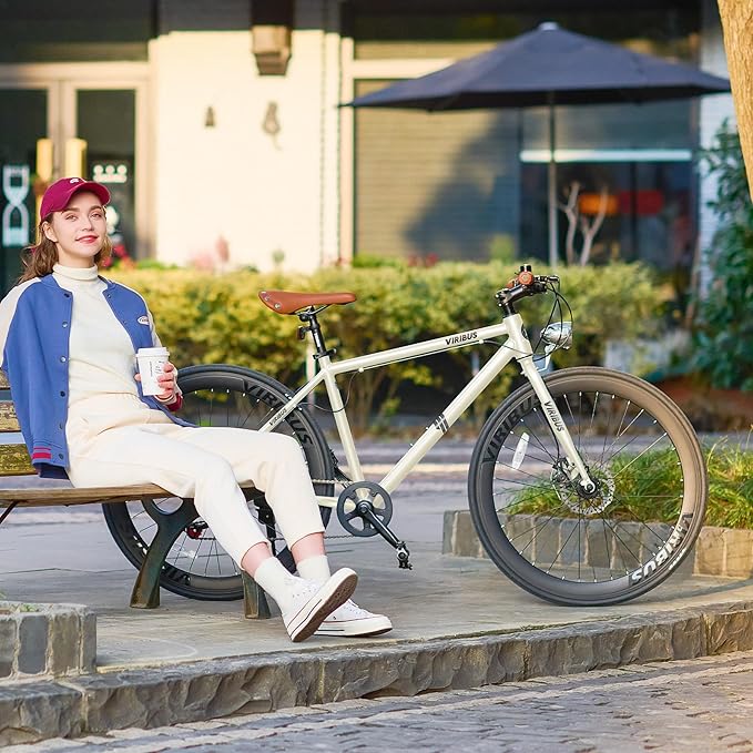 VIRIBUS Hybrid Bikes, 28 inch Mens Hybrid Bicycle 7 Speed with Lightweight Aluminum Frame & Disc Brakes, 700C Retro Vintage Adult Bike for Tall Men & City Commuters, 85% Pre-Assembled