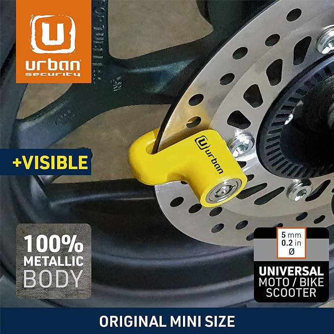 URBAN 564A Most Compact Motorcycle Disc Lock, ø5mm, Lightweight, and Portable, More Visible, More Deterrent, Steel, Universal Anti Theft Wheel Brake Lock for Motorbike Scooter Electric Bike Bicycle